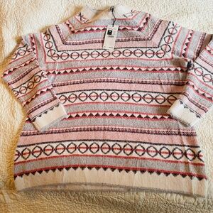 Patterned Cowl Neck Sweater - Orange Grey and cream colours